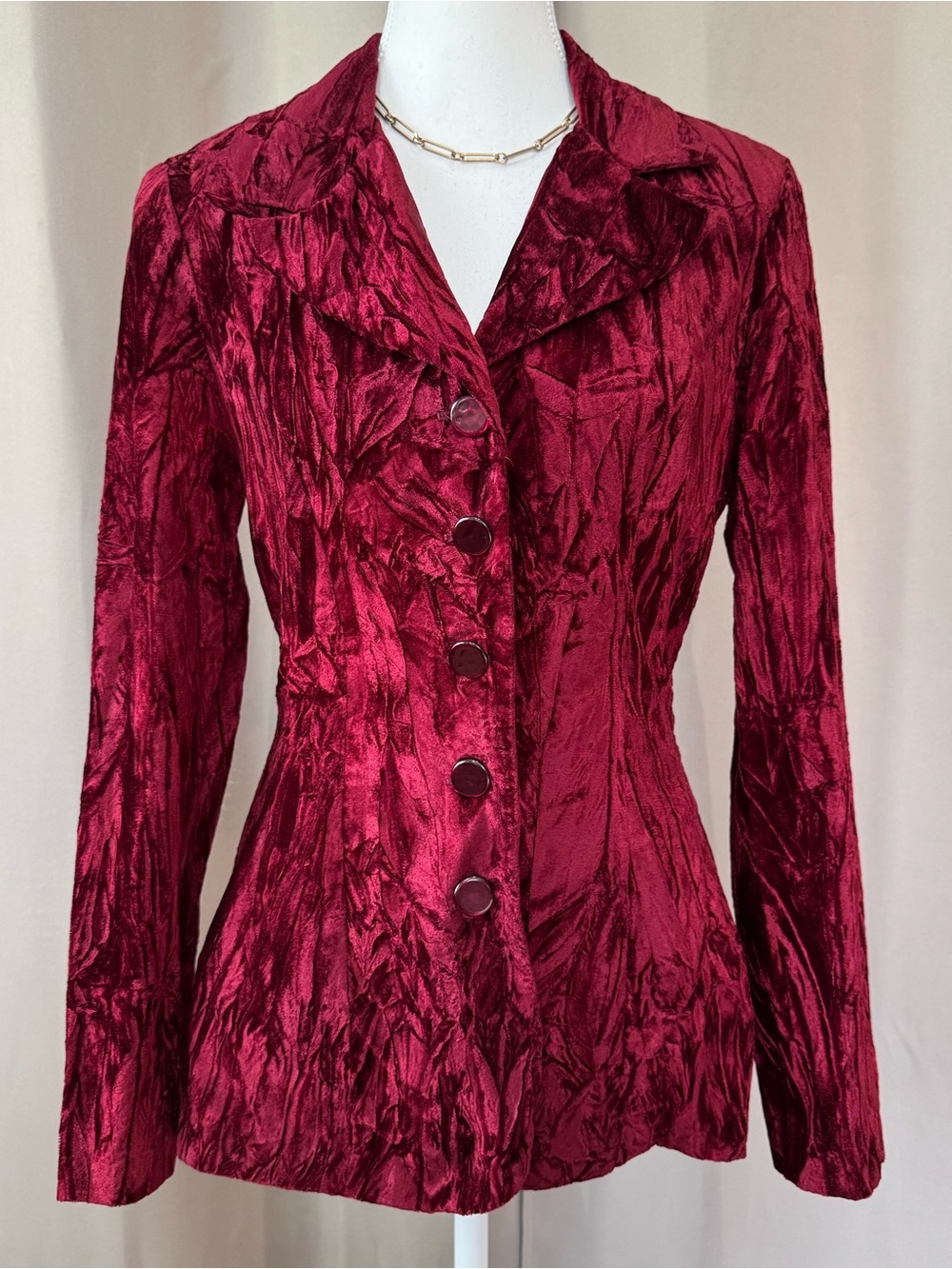 Women's Vintage-Inspired Crushed Velvet Burgundy Fitted Blazer Size M